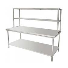 WORK TABLE WITH UNDER SHELVES & 2 OVER HEAD SHELVES